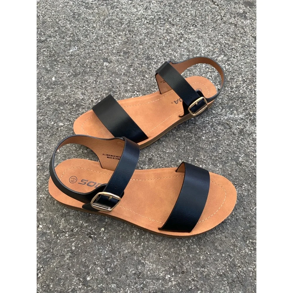 Soda Black and Tan Strappy Buckle Sandals